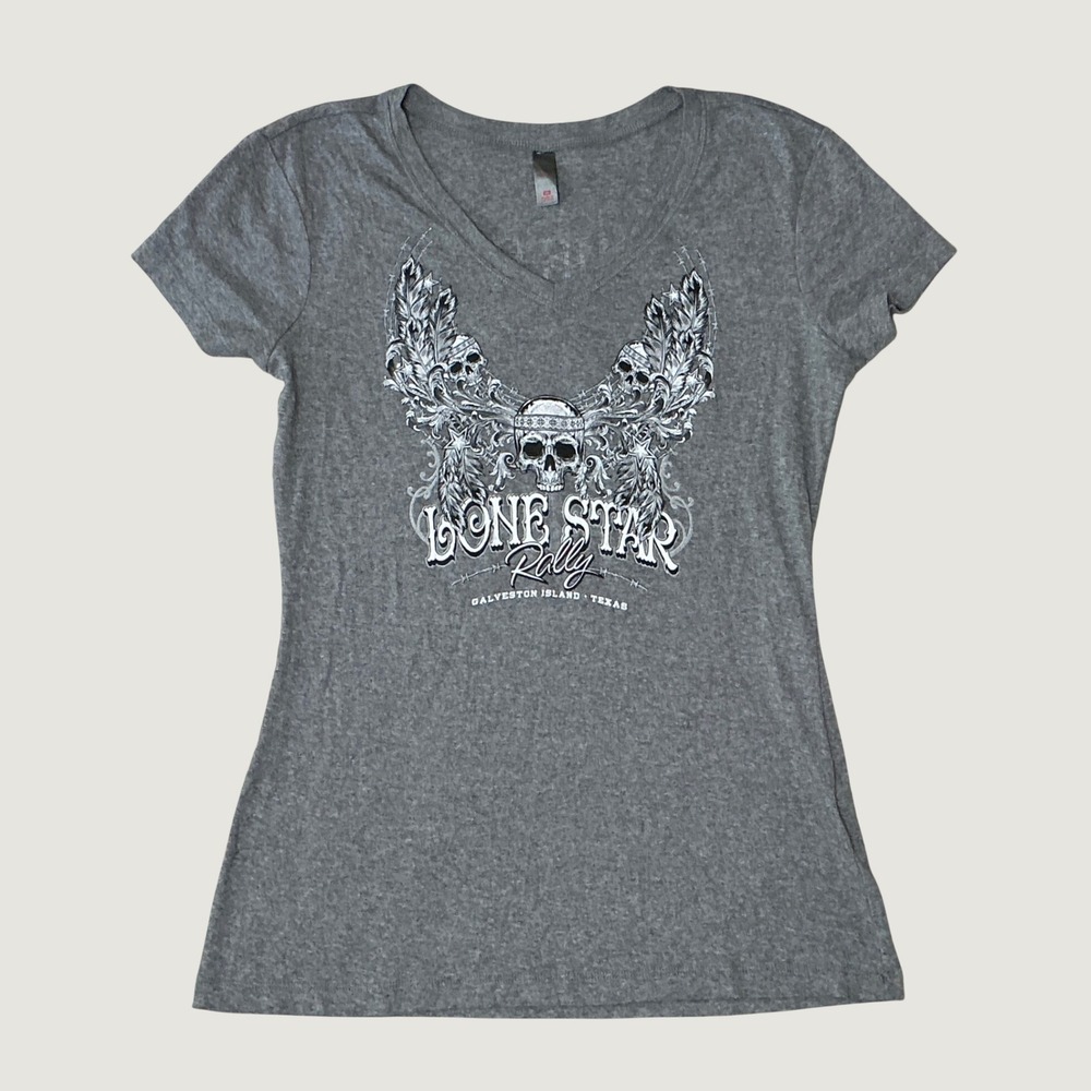Y2K 2000s Style Skulls Biker Texas Lone Star Rally V-Neck Tee Gray‎ Size Medium